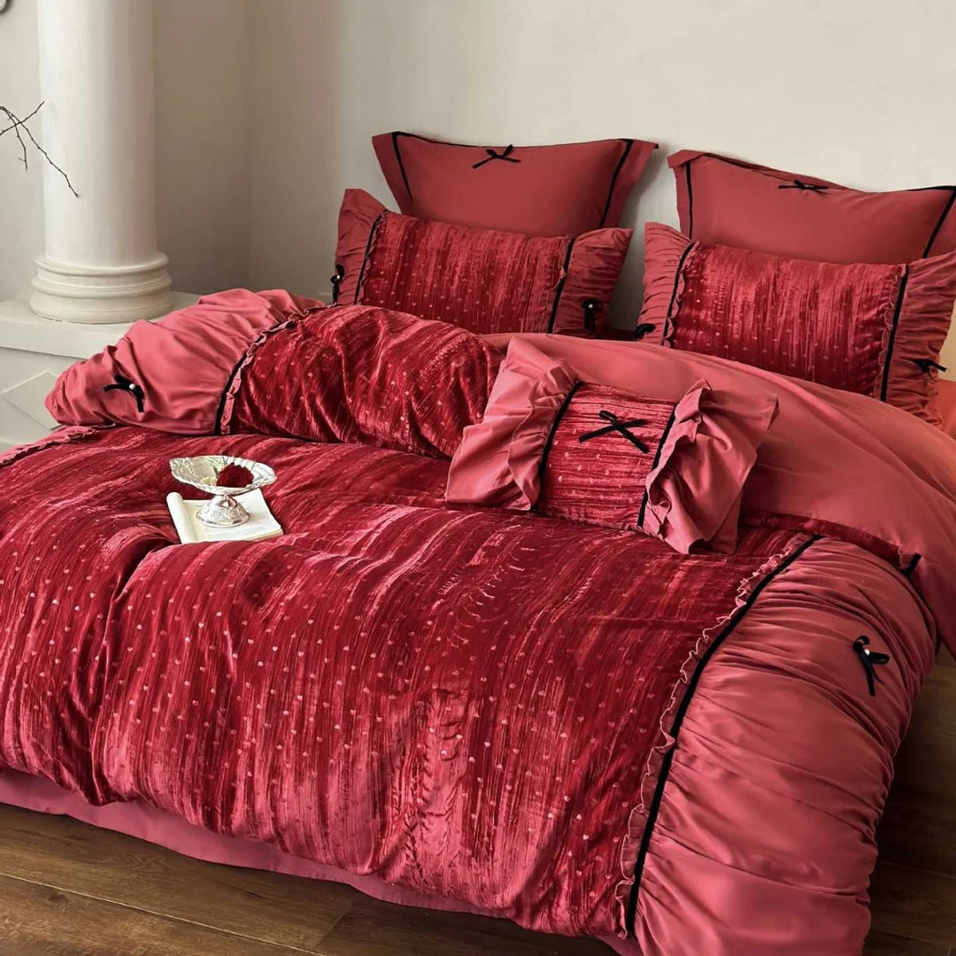 Damen Bettwäsche Set 180x200 mit Rüschen und Gestickten Schleifen 2
