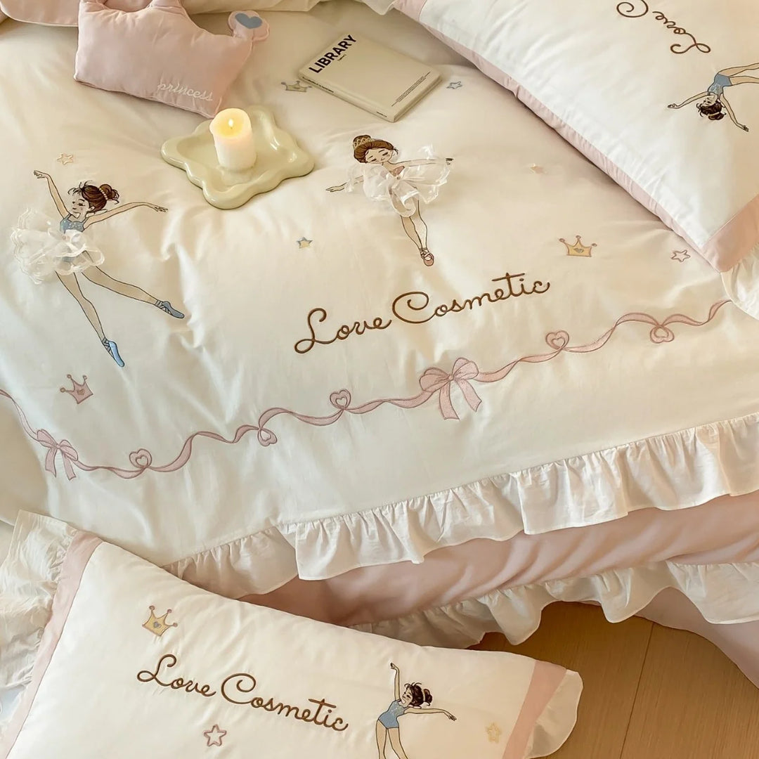 Damen Bettwäsche Set Ballerina-Motiv mit Rüschenbesatz 135x200 3