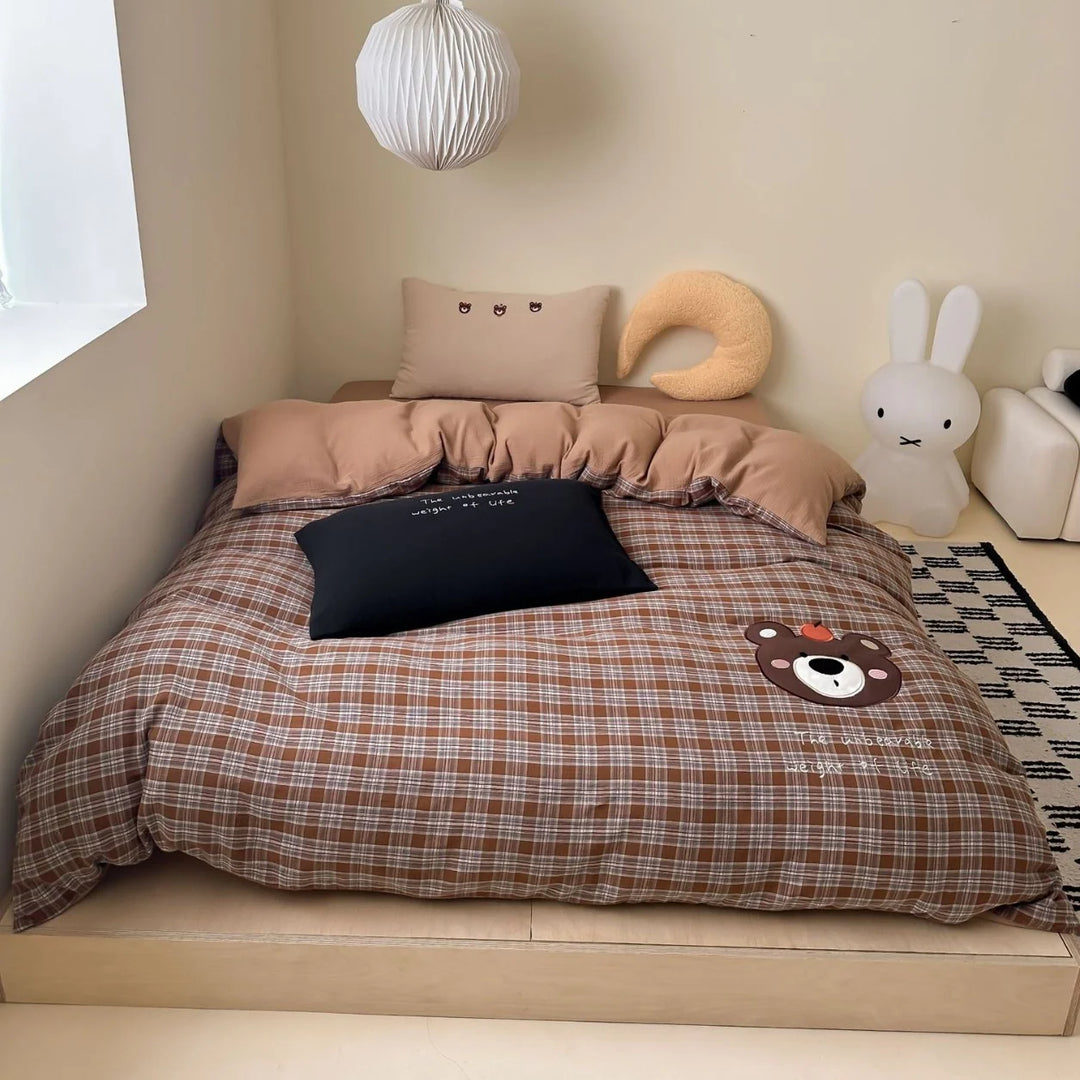 Damen Bettwäsche Set Karomuster mit Plüschbär-Applikation 0