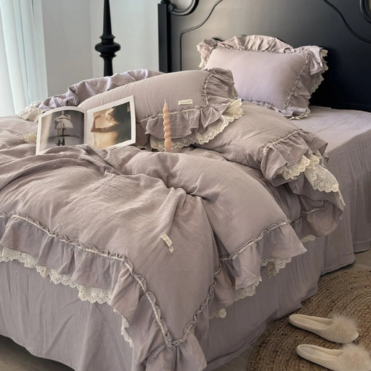 Damen Bettwäsche Set Landhausstil mit Rüschen und Lochstickerei 135x200 cm 0