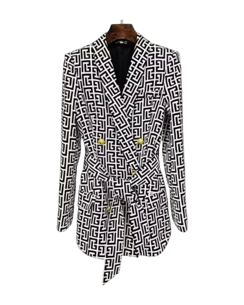 Damen Blazer mit Gürtel und geometrischem Druck 0