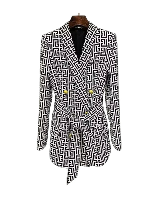 Damen Blazer mit Gürtel und geometrischem Druck 0