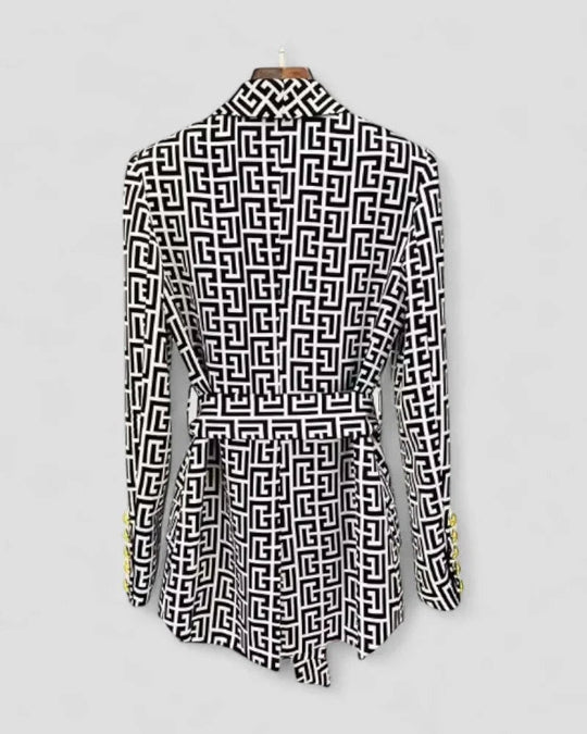 Damen Blazer mit Gürtel und geometrischem Druck 1