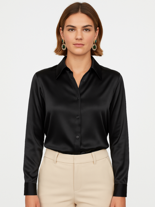 Damen Bluse Satin Knopfverschluss Elegant 8