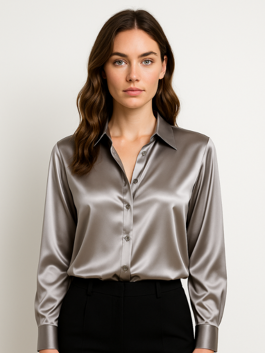 Damen Bluse Satin Knopfverschluss Elegant 9