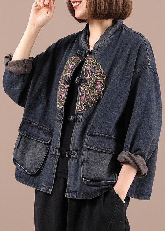 Damen Boho Jeansjacke mit bestickten Taschen 0