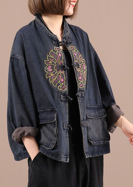 Damen Boho Jeansjacke mit bestickten Taschen 1