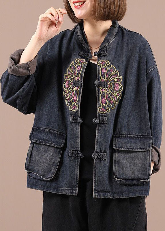 Damen Boho Jeansjacke mit bestickten Taschen 2
