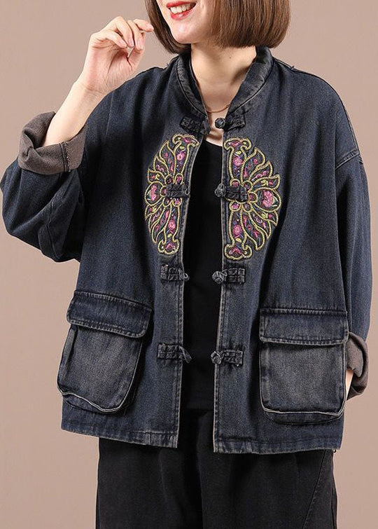 Damen Boho Jeansjacke mit bestickten Taschen 2