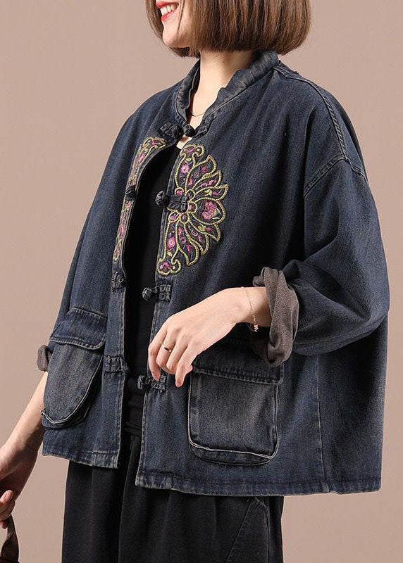 Damen Boho Jeansjacke mit bestickten Taschen 3