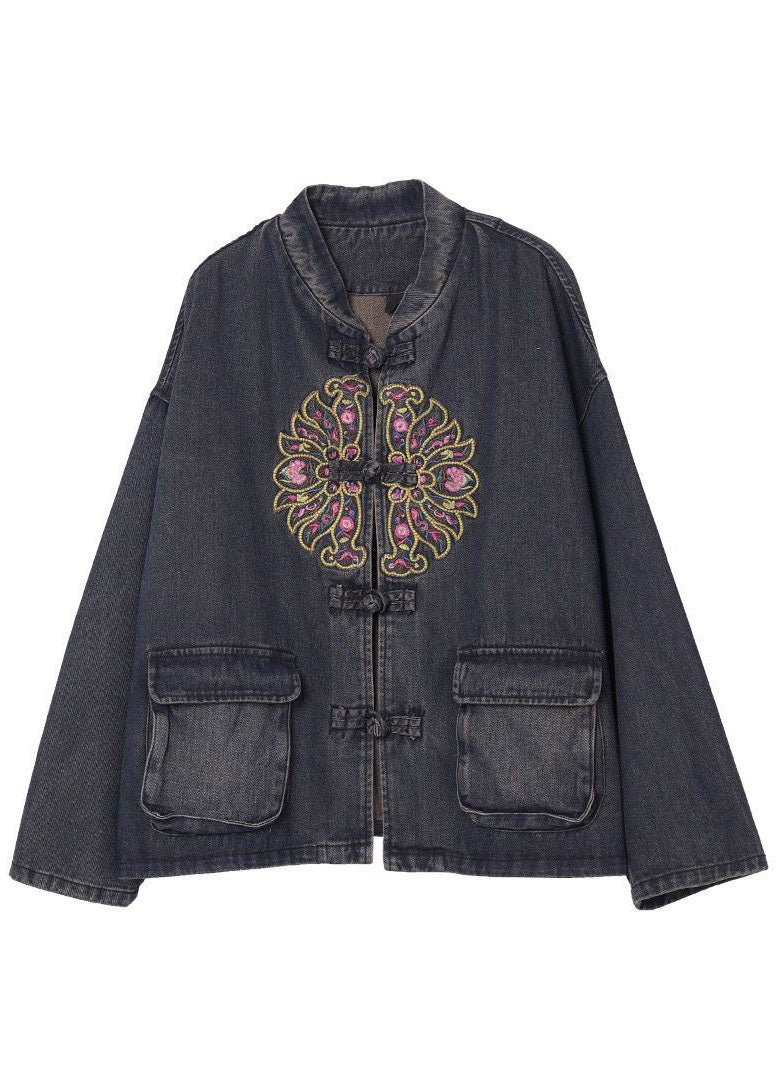 Damen Boho Jeansjacke mit bestickten Taschen 4