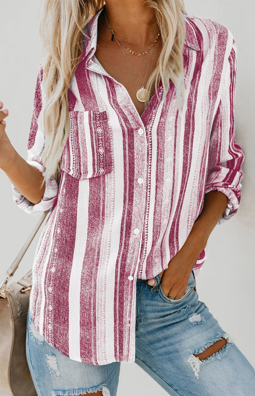 Damen Button-Up Oberteil Gestreift Leinen Mischung 5