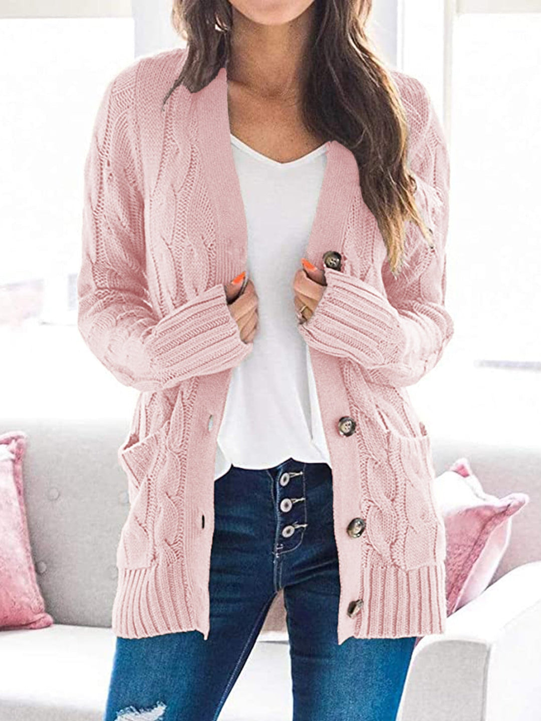 Damen Cardigan Lange Strickjacke Lässiger Stil 1