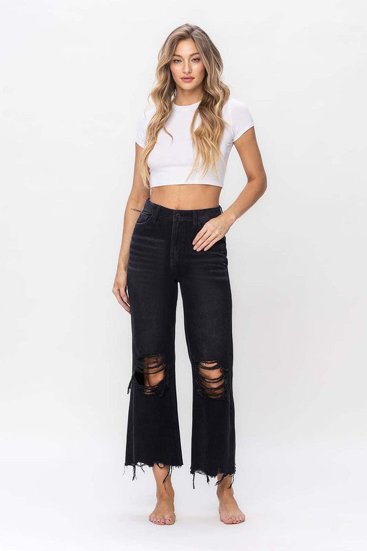 Damen Crop Flare Jeans Vintage 90er Schwarz 1