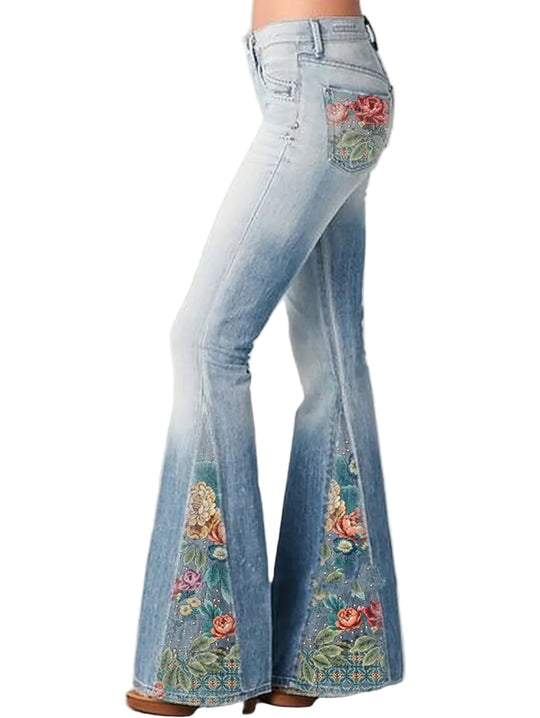 Damen Flared Jeans mit Blumenprint 0