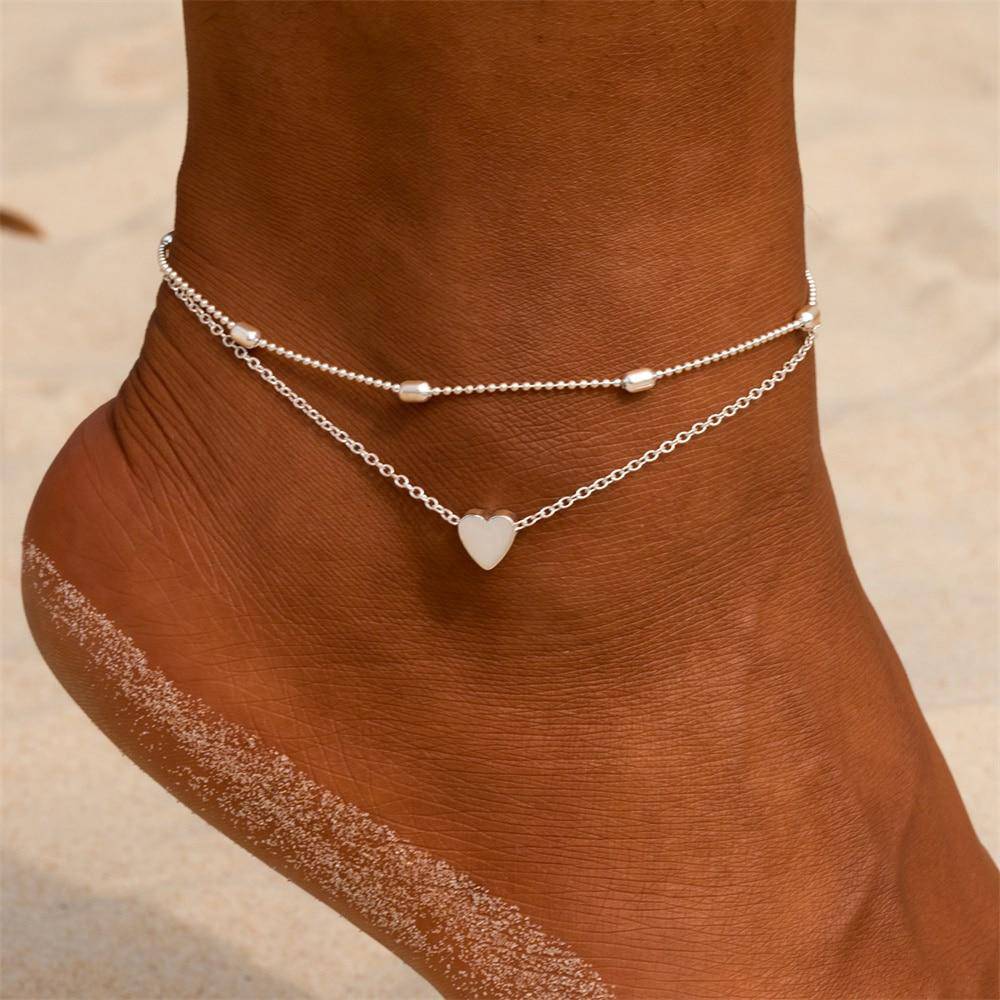 Damen Fußkettchen Herzdesign Doppelte Kette Verstellbar 1