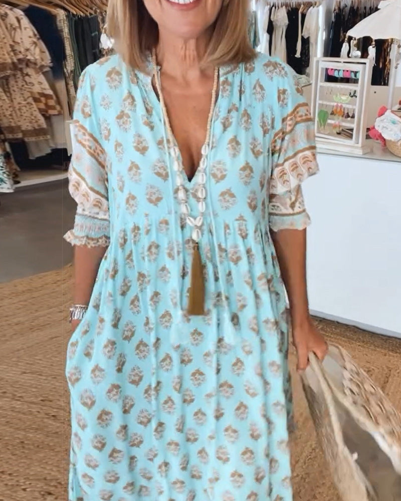 Damen Halbarm Kleid V-Ausschnitt Bedruckt aus Hochwertigem Stoff für Sommer und Freizeit 3