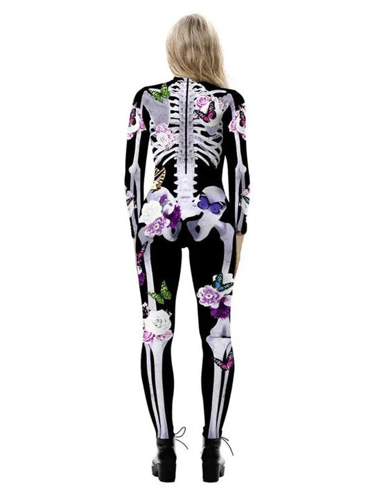 Damen Halloween Kostüm Geblümter Skelettdruck 2