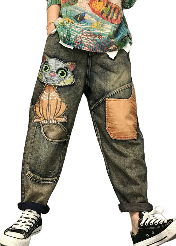 Damen Harem Jeans mit Katzenstickerei 0