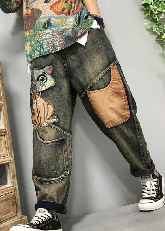 Damen Harem Jeans mit Katzenstickerei 1