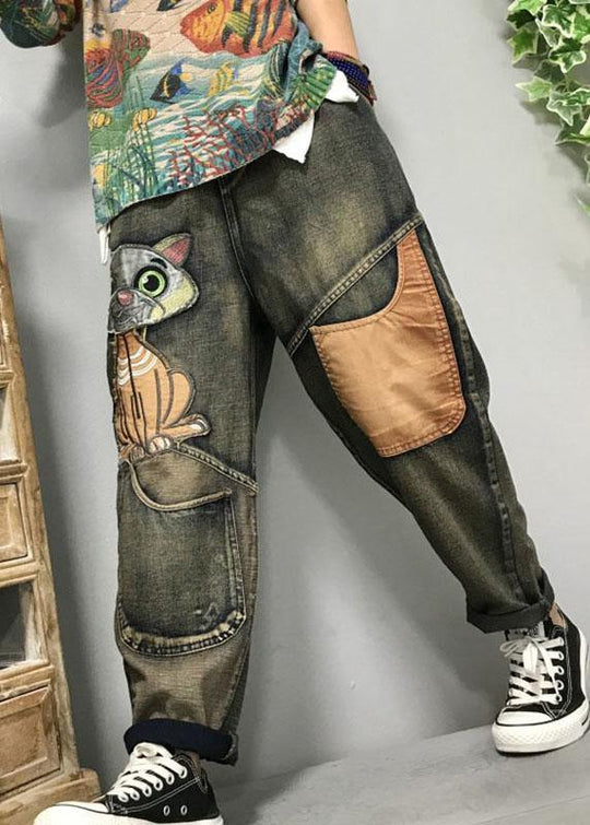 Damen Harem Jeans mit Katzenstickerei 1