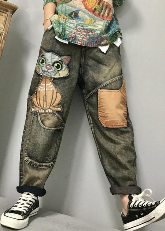 Damen Harem Jeans mit Katzenstickerei 2