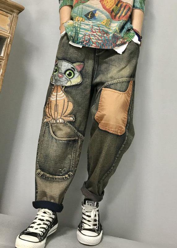 Damen Harem Jeans mit Katzenstickerei 3
