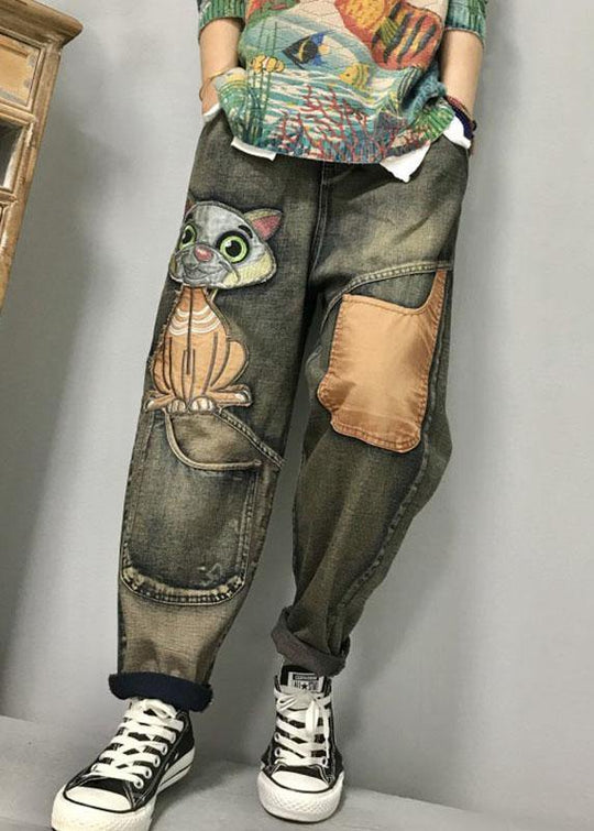Damen Harem Jeans mit Katzenstickerei 3