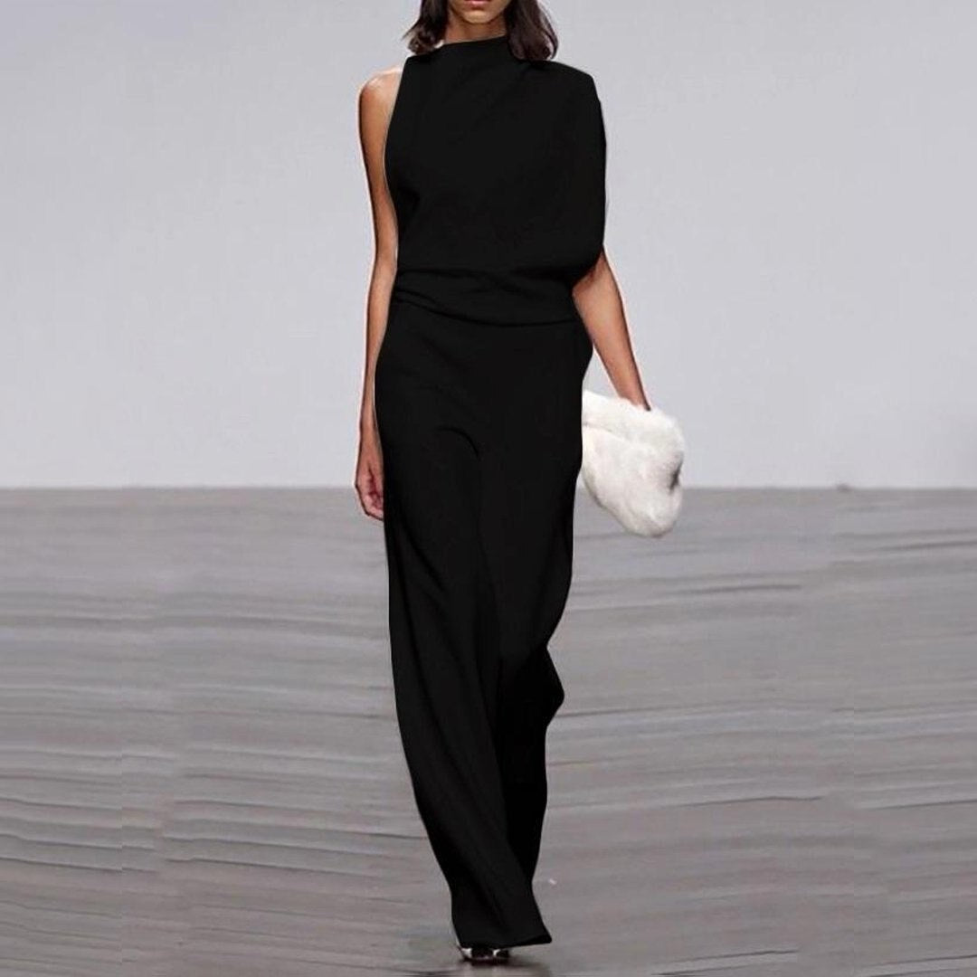 Damen Jumpsuit Asymmetrisch Hoher Kragen Festlich Tailliert Dehnbar 3