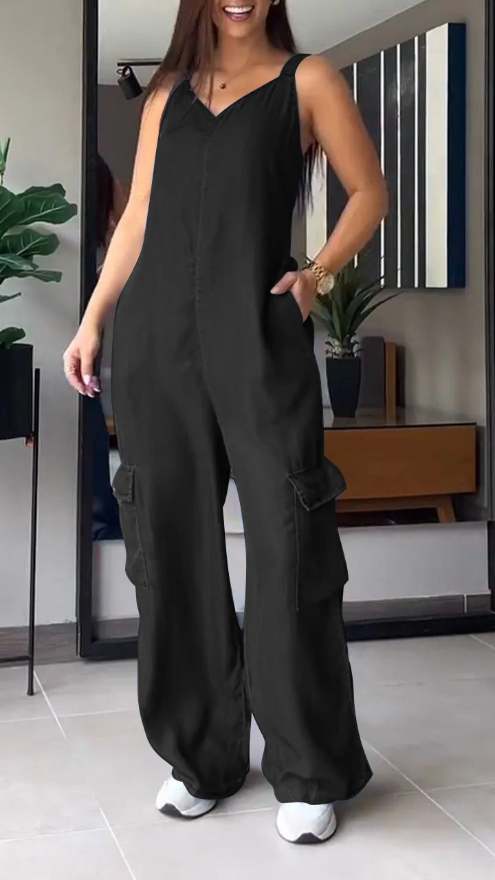 Damen Jumpsuit Denim V-Ausschnitt Hochtailliert 0