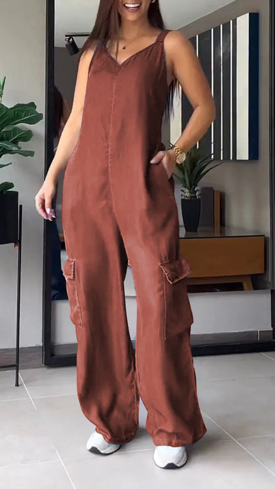 Damen Jumpsuit Denim V-Ausschnitt Hochtailliert 11
