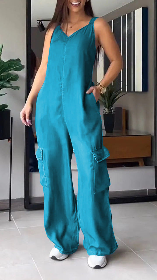 Damen Jumpsuit Denim V-Ausschnitt Hochtailliert 7