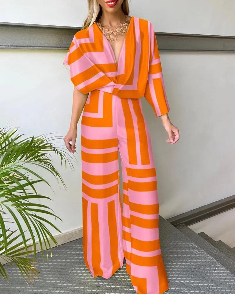 Damen Jumpsuit V-Ausschnitt Weite Beine Fließendes Material Festlich Sommer 5