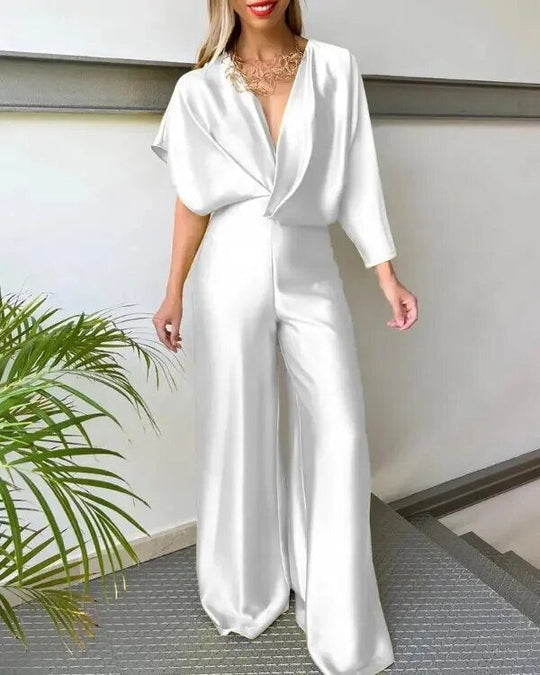 Damen Jumpsuit V-Ausschnitt Weite Beine Fließendes Material Festlich Sommer 6