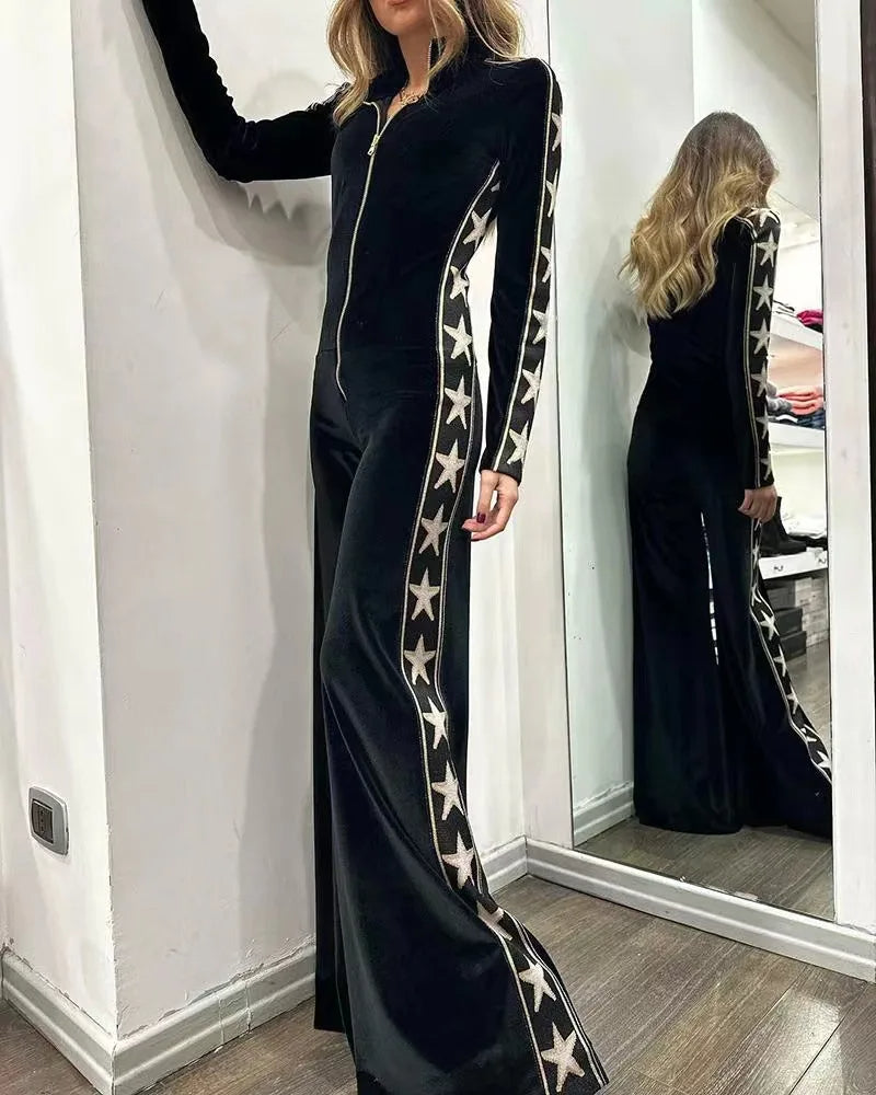 Damen Jumpsuit mit weitem Bein und Stern-Druck 6