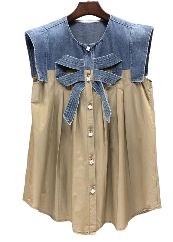 Damen Khaki Denim Hemd mit Bogen-Design 0