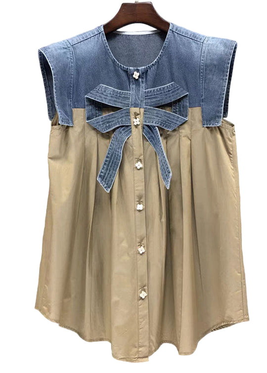 Damen Khaki Denim Hemd mit Bogen-Design 0