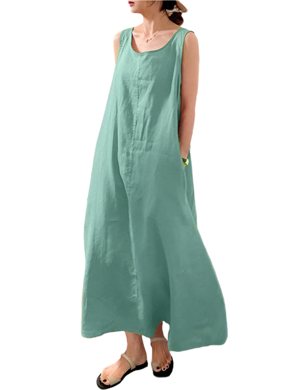 Damen Kleid Ärmellos Rundhals Lässig Baumwolle-Leinen-Mischung 0