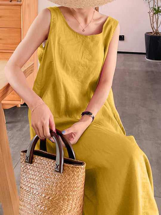 Damen Kleid Ärmellos Rundhals Lässig Baumwolle-Leinen-Mischung 7