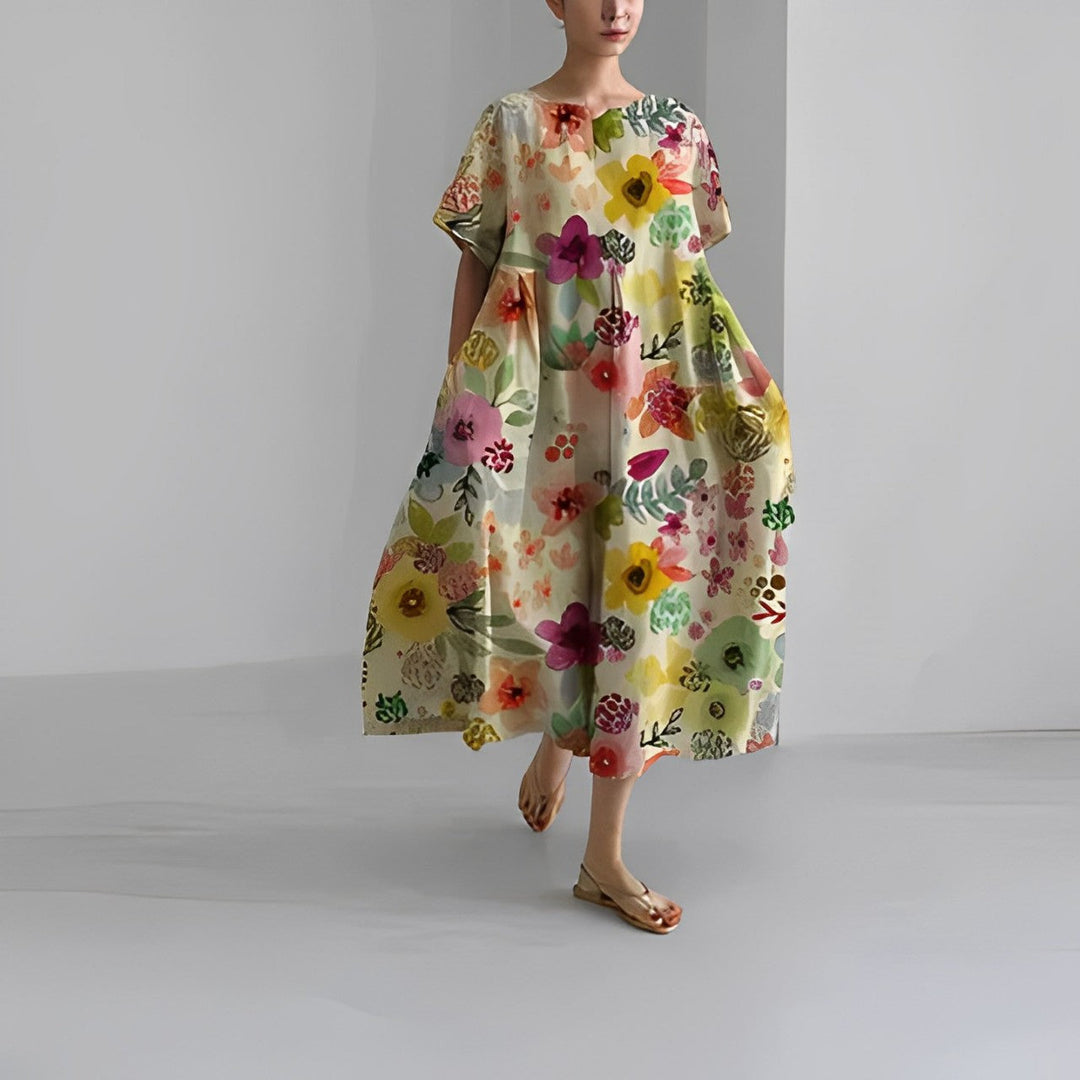 Damen Kleid Blumendruck Baumwolle Figurbetont Kurzarm Sommerkleid 4