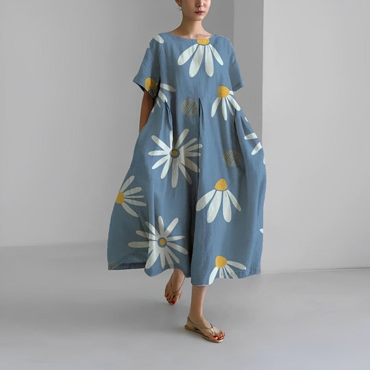 Damen Kleid Blumendruck Baumwolle Figurbetont Kurzarm Sommerkleid 9