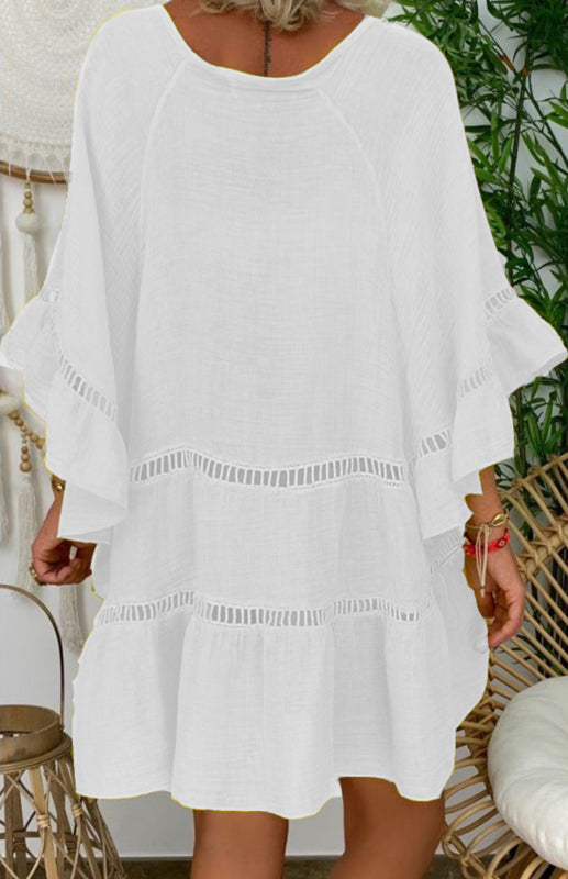 Damen Kleid V-Ausschnitt 3/4-Ärmel Baumwoll-Leinen Lockere Passform 4