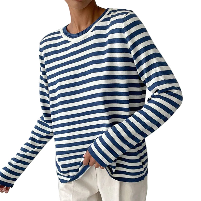 Damen Langarmshirt Streifen Rundhalsausschnitt für Herbstoberteile 0