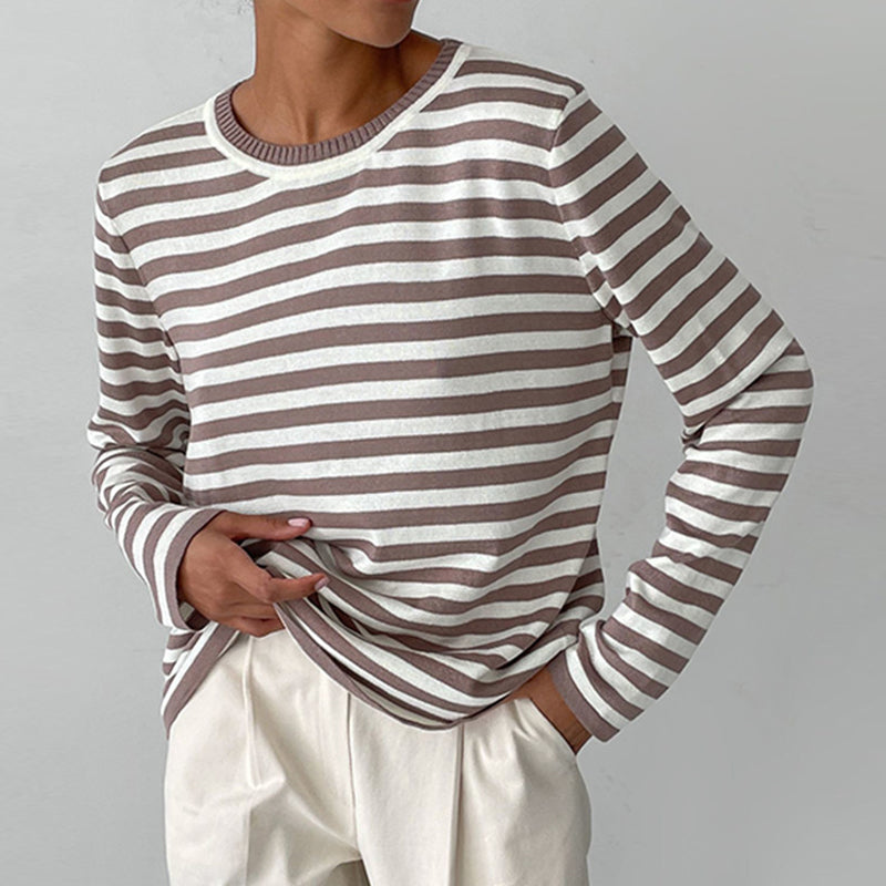 Damen Langarmshirt Streifen Rundhalsausschnitt für Herbstoberteile 1
