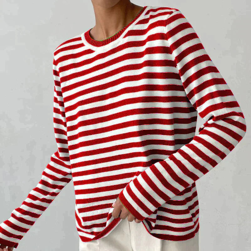 Damen Langarmshirt Streifen Rundhalsausschnitt für Herbstoberteile 10