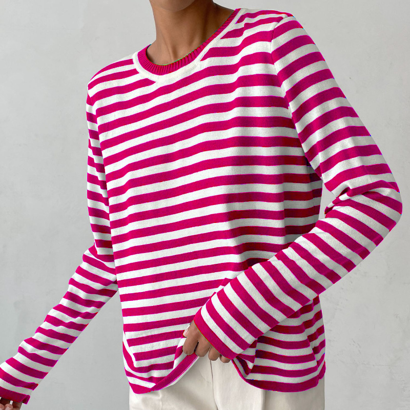 Damen Langarmshirt Streifen Rundhalsausschnitt für Herbstoberteile 11
