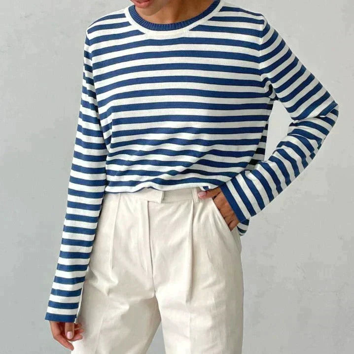 Damen Langarmshirt Streifen Rundhalsausschnitt für Herbstoberteile 3