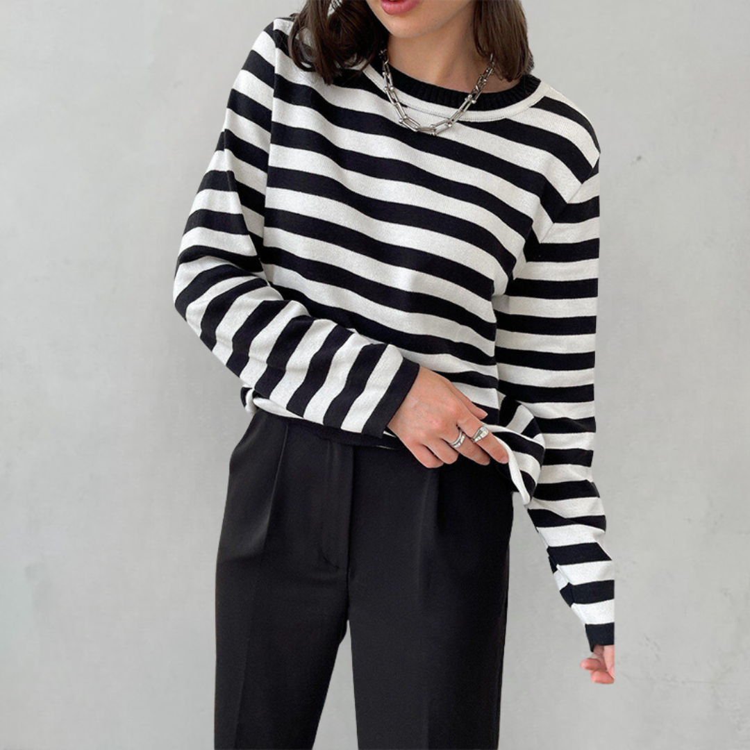 Damen Langarmshirt Streifen Rundhalsausschnitt für Herbstoberteile 9