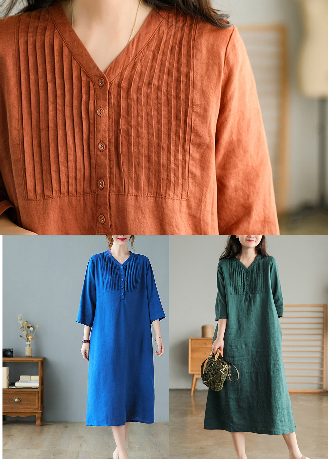 Damen Langes Kleid mit Knöpfen und halben Ärmeln 4
