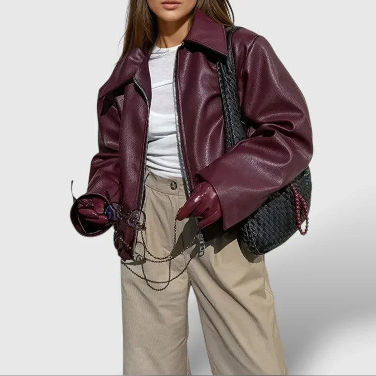 Damen Lederjacke mit Stehkragen und Reißverschluss 1
